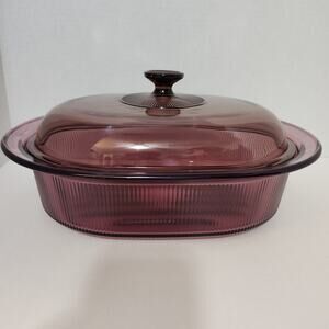 Vtg 4 Quart Cranberry Vision Corning Oval Roaster /Pyrex Lid 14.5 ×7 1/8 90's